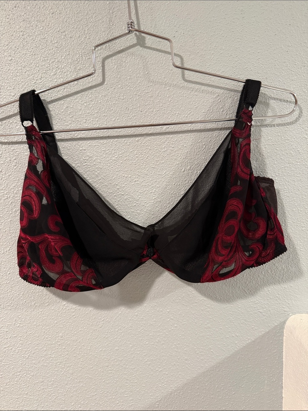 Vintage Oscar de la Renta Black and Red Sheer Embroidered Underwire Bra